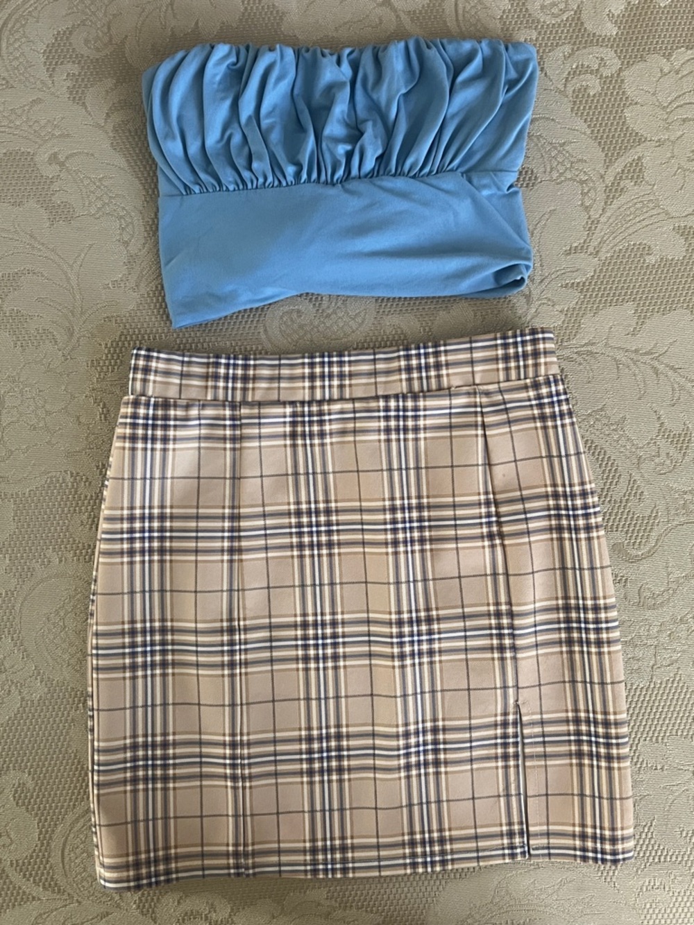 Beige and Navy Plaid Mini Skirt - Classic A-Line Style